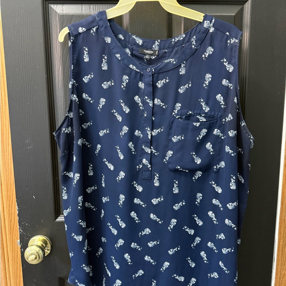 Plus Size (3x) - Premise Navy Blue Sleeveless Blouse with White Pattern